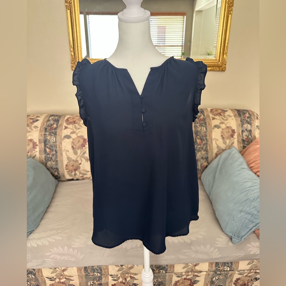 LOFT Navy Blouse with Ruffle Sleeves